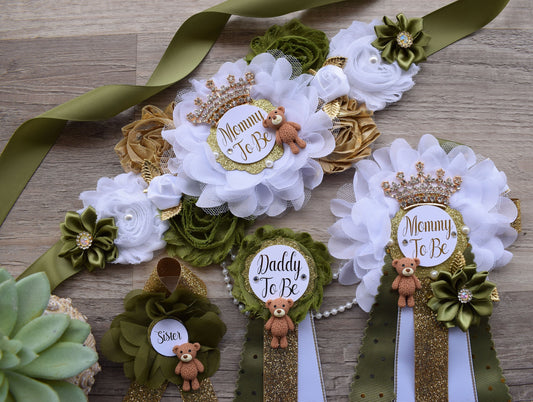 Olive Bear Baby Shower Set, Olive Maternity Sash, Teddy Bear Olive White Gold, Mommy To Be Pin, Daddy To Be Pin, Olive Baby Shower, Custom - Celebrations By Cris