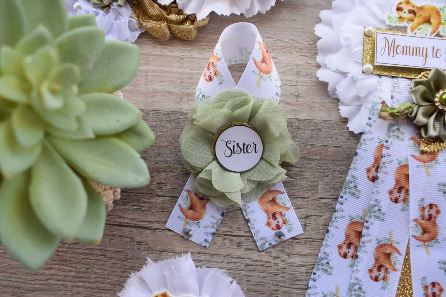 Sloth Baby Shower, Sloth Mommy to Be Pin, Sloth Baby Shower Pin, Sloth Greenery Maternity Sash, Baby Shower, Green White Gold - S0004 - Celebrations By Cris