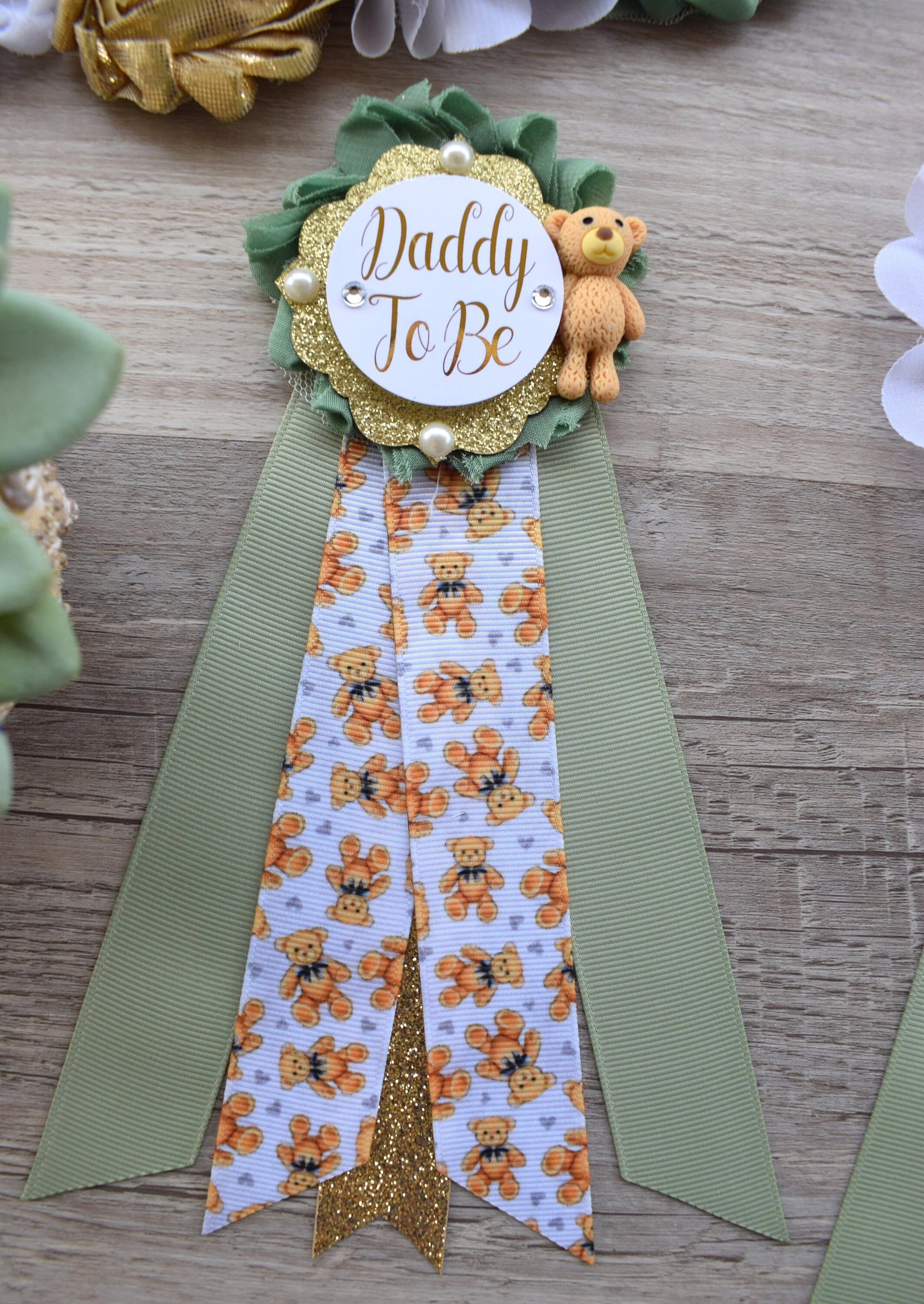 Bear Greenery Baby Shower, Bear Green White Gold Belly Sash, Bear Greenery Mommy To Be & Daddy To Be, Greenery Baby Shower Maternity Sash - Celebrations By Cris