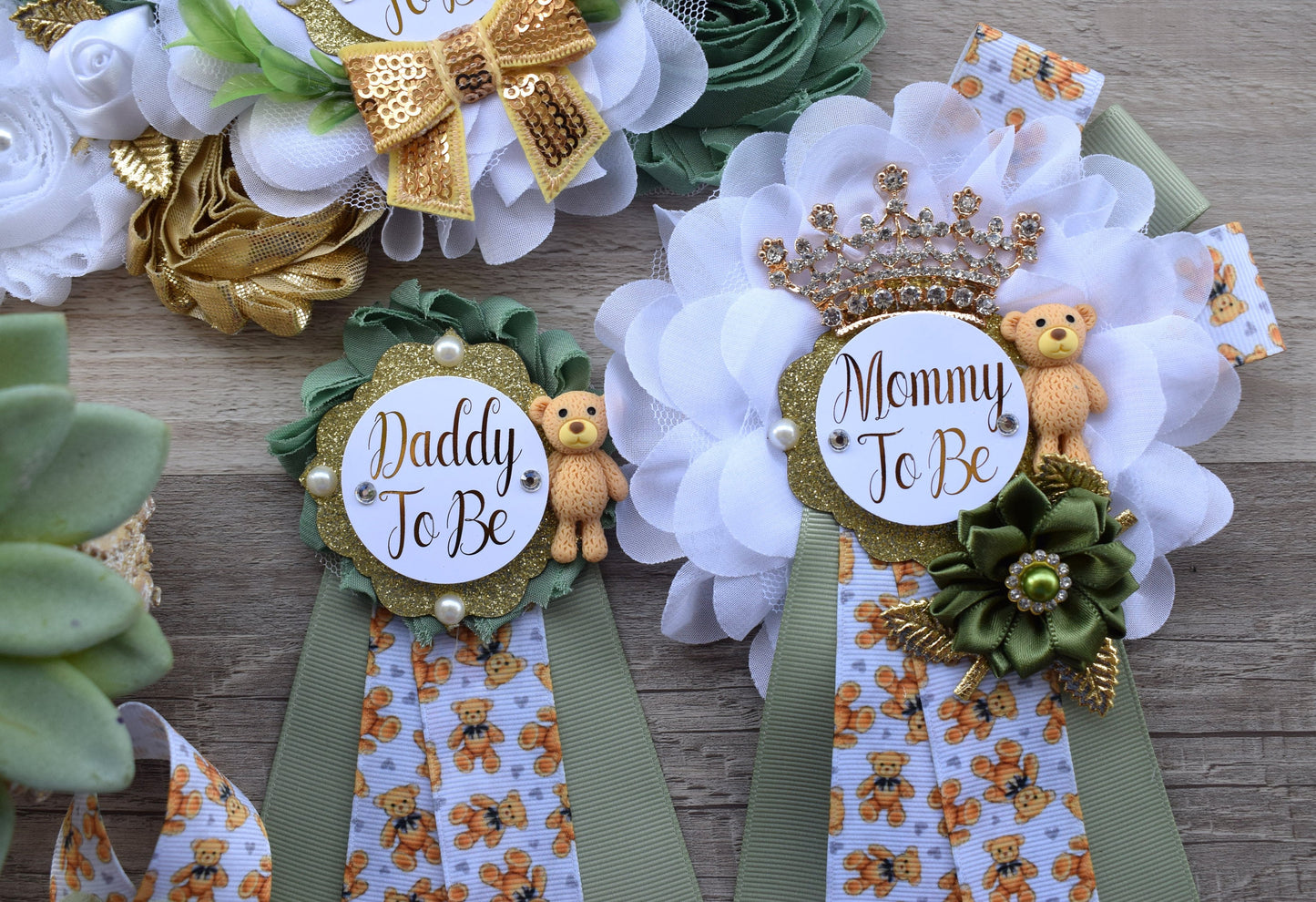 Bear Greenery Baby Shower, Bear Green White Gold Belly Sash, Bear Greenery Mommy To Be & Daddy To Be, Greenery Baby Shower Maternity Sash - Celebrations By Cris