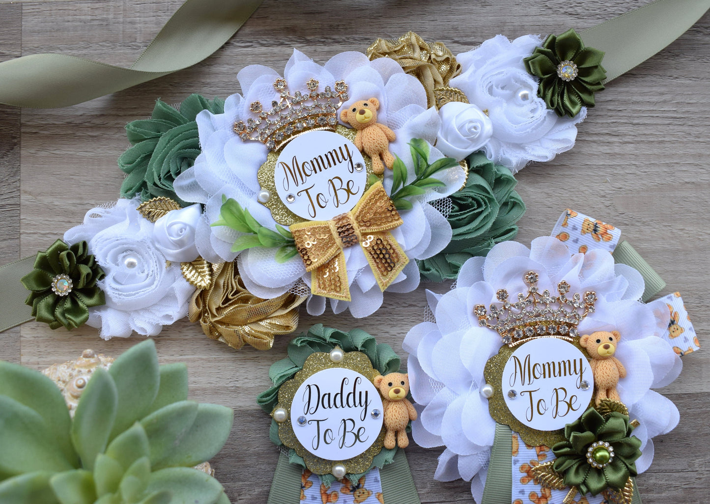 Bear Greenery Baby Shower, Bear Green White Gold Belly Sash, Bear Greenery Mommy To Be & Daddy To Be, Greenery Baby Shower Maternity Sash - Celebrations By Cris