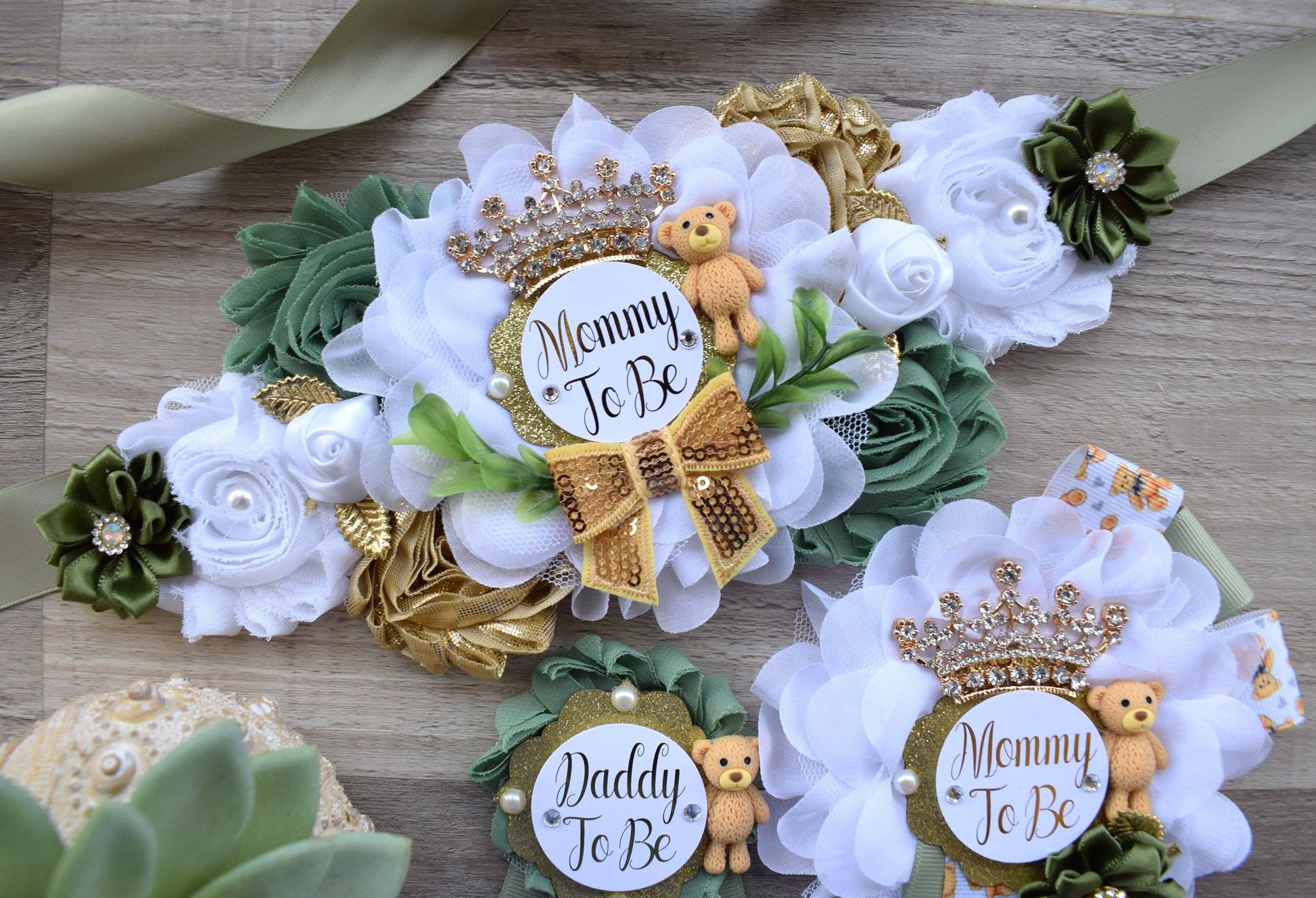 Bear Greenery Baby Shower, Bear Green White Gold Belly Sash, Bear Greenery Mommy To Be & Daddy To Be, Greenery Baby Shower Maternity Sash - Celebrations By Cris