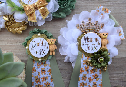 Bear Greenery Baby Shower, Bear Green White Gold Belly Sash, Bear Greenery Mommy To Be & Daddy To Be, Greenery Baby Shower Maternity Sash - Celebrations By Cris