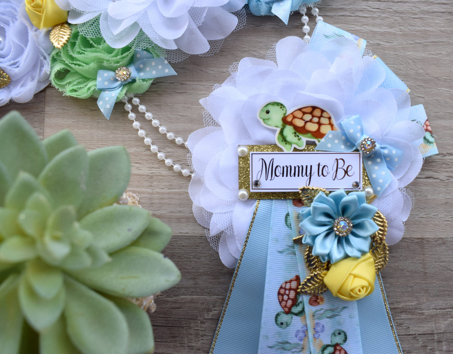 Sea Turtle Baby Shower, Turtle Aqua Blue Flower Sash, Under The Sea Corsage Pin, Turtle Mommy To Be, Turtle Daddy To Be, Turtle Shower - Celebrations By Cris