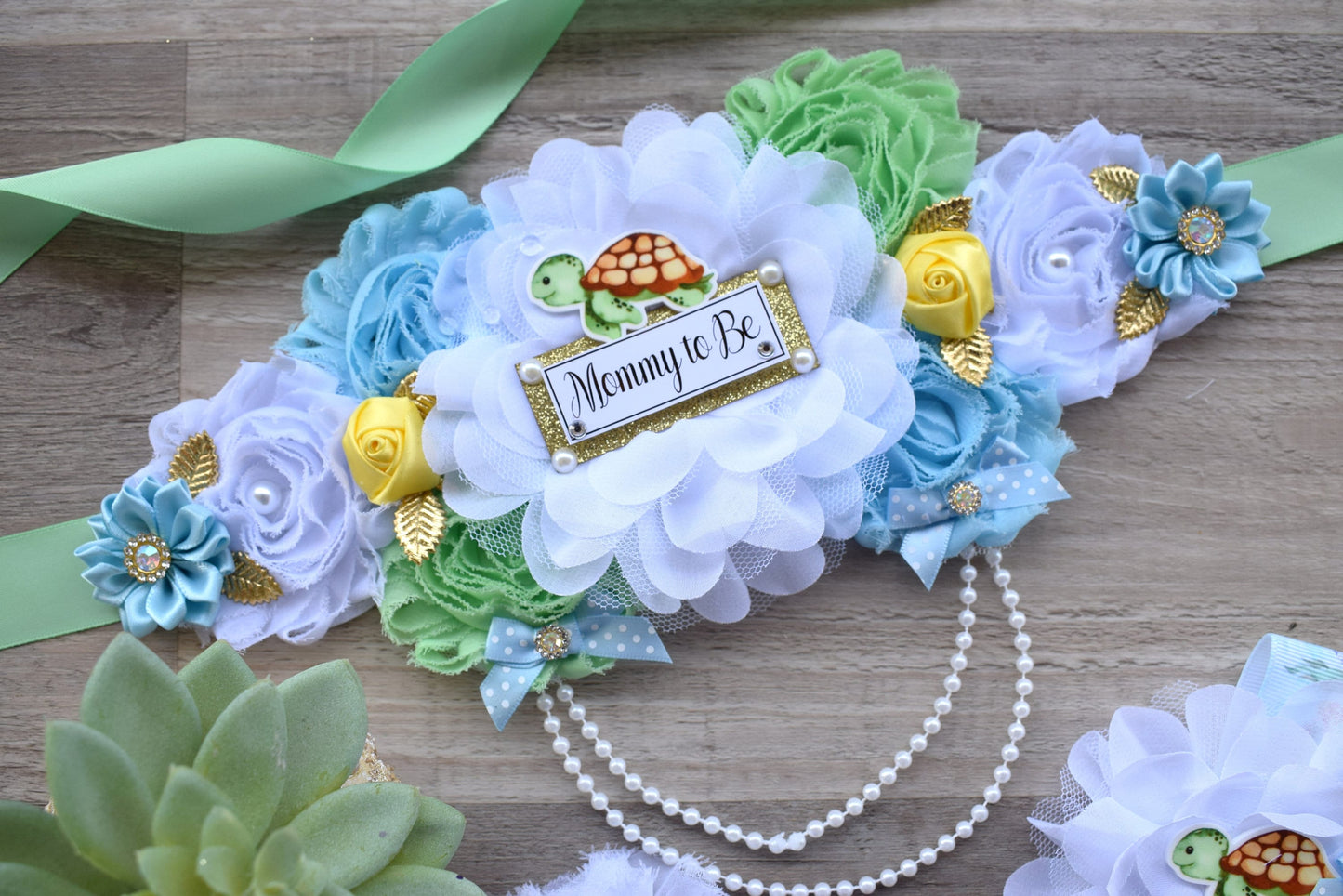 Sea Turtle Baby Shower, Turtle Aqua Blue Flower Sash, Under The Sea Corsage Pin, Turtle Mommy To Be, Turtle Daddy To Be, Turtle Shower - Celebrations By Cris