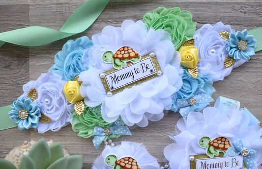 Sea Turtle Baby Shower, Turtle Aqua Blue Flower Sash, Under The Sea Corsage Pin, Turtle Mommy To Be, Turtle Daddy To Be, Turtle Shower - Celebrations By Cris