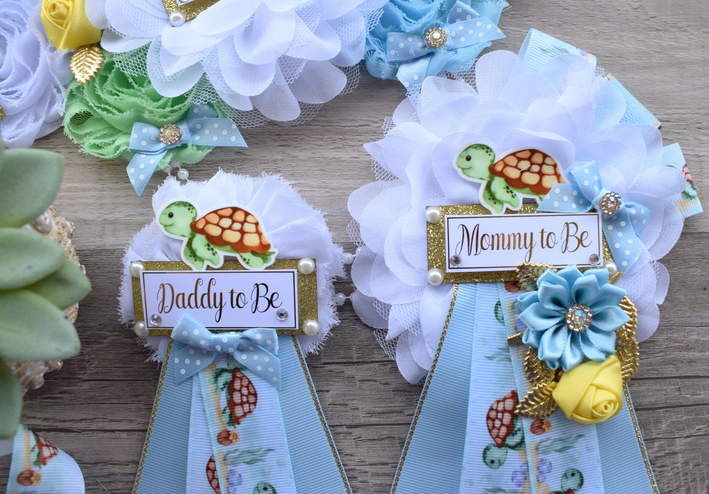 Sea Turtle Baby Shower, Turtle Aqua Blue Flower Sash, Under The Sea Corsage Pin, Turtle Mommy To Be, Turtle Daddy To Be, Turtle Shower - Celebrations By Cris