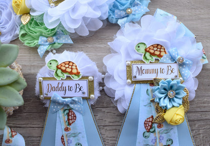 Sea Turtle Baby Shower, Turtle Aqua Blue Flower Sash, Under The Sea Corsage Pin, Turtle Mommy To Be, Turtle Daddy To Be, Turtle Shower - Celebrations By Cris