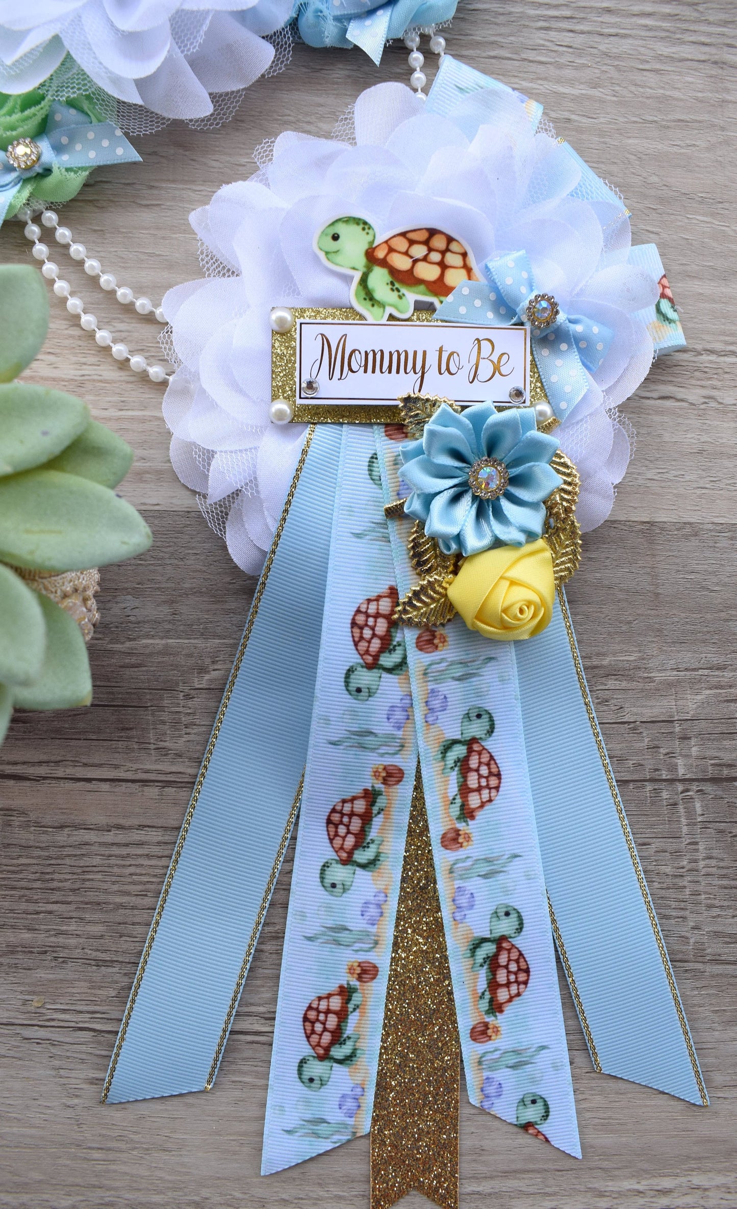 Sea Turtle Baby Shower, Turtle Aqua Blue Flower Sash, Under The Sea Corsage Pin, Turtle Mommy To Be, Turtle Daddy To Be, Turtle Shower - Celebrations By Cris