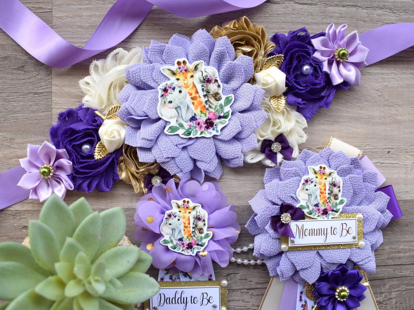 Girl Purple Safari Jungle Maternity Sash, Purple Lavender Gold Green Safari Maternity Sash, Purple Floral Animal Flower Baby Shower - Celebrations By Cris