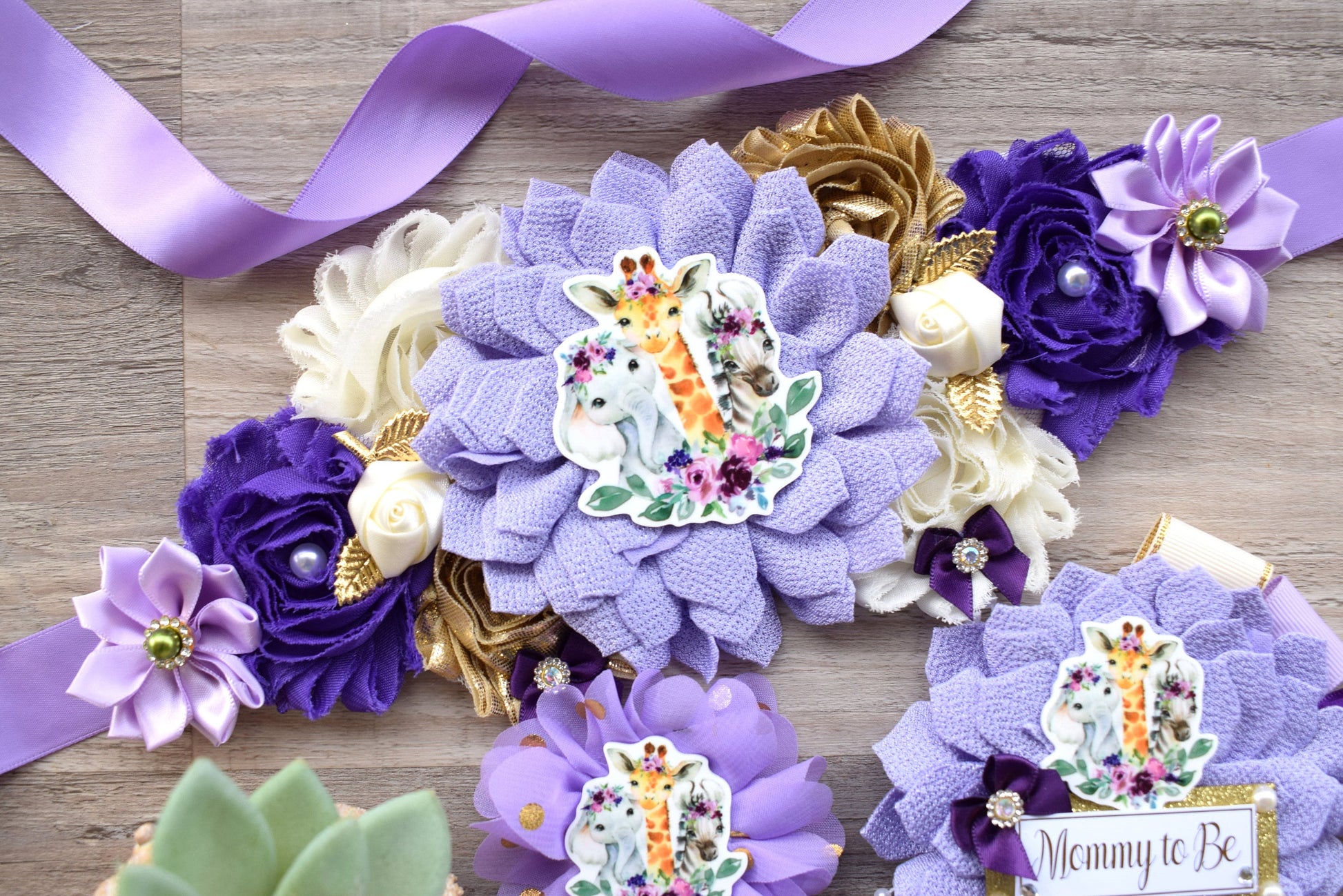 Girl Purple Safari Jungle Maternity Sash, Purple Lavender Gold Green Safari Maternity Sash, Purple Floral Animal Flower Baby Shower - Celebrations By Cris