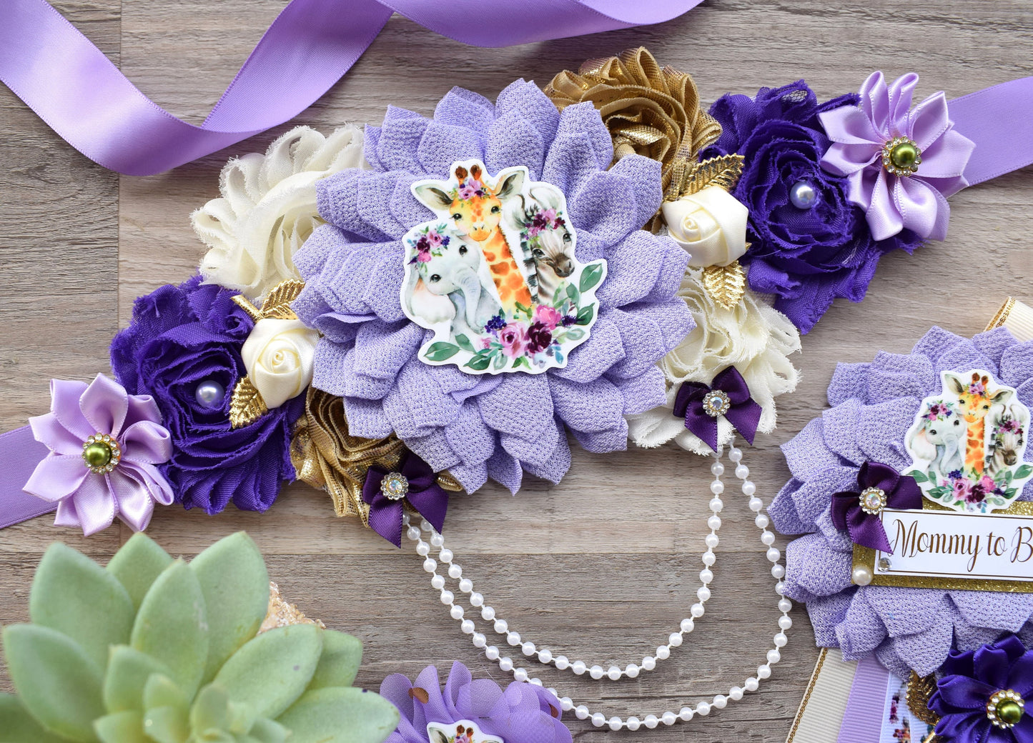 Girl Purple Safari Jungle Maternity Sash, Purple Lavender Gold Green Safari Maternity Sash, Purple Floral Animal Flower Baby Shower - Celebrations By Cris