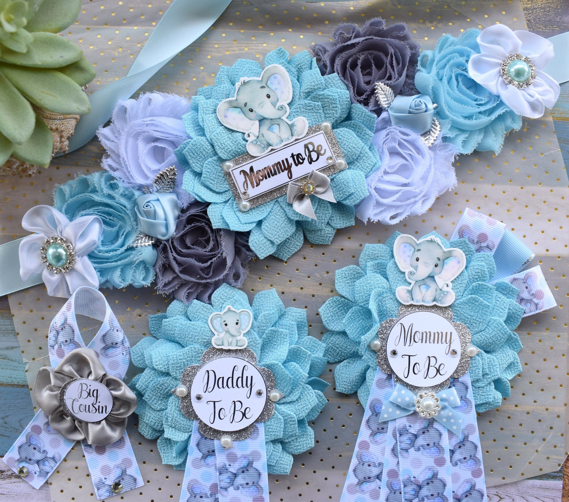 Boy Blue Elephant Baby Shower, Blue Grey Elephant Corsage Pin Set, Blue Grey Corsage Pin, Elephant Mommy To Be Pin, Daddy To Be Pin, Custom - Celebrations By Cris