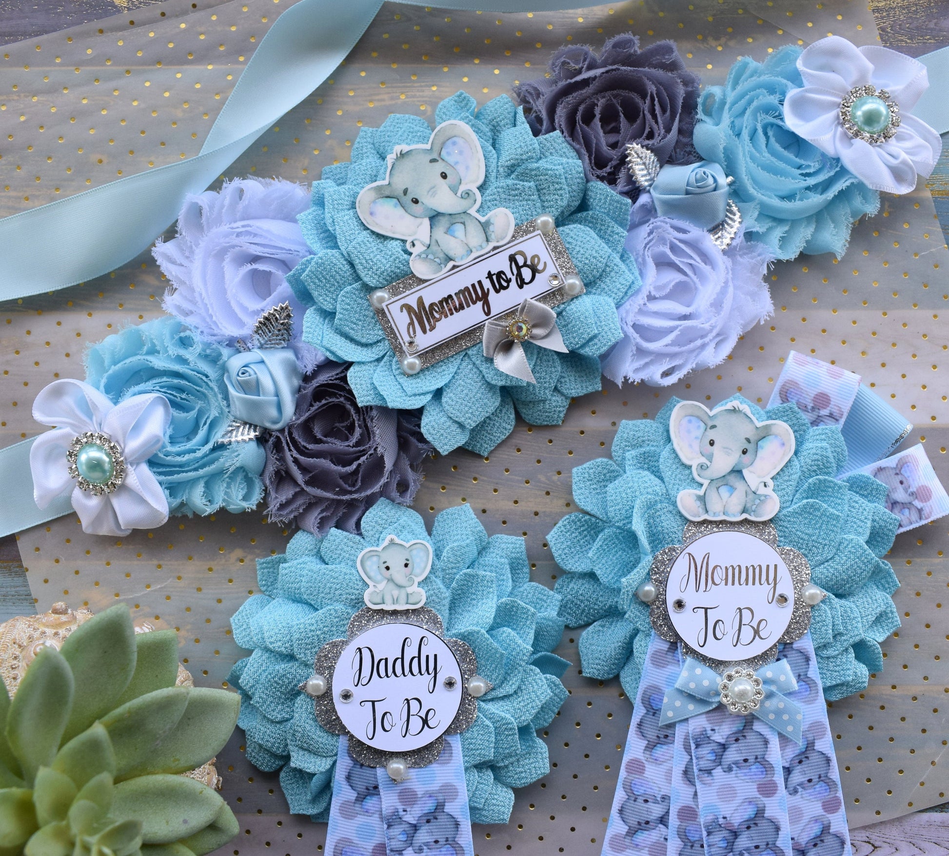 Boy Blue Elephant Baby Shower, Blue Grey Elephant Corsage Pin Set, Blue Grey Corsage Pin, Elephant Mommy To Be Pin, Daddy To Be Pin, Custom - Celebrations By Cris