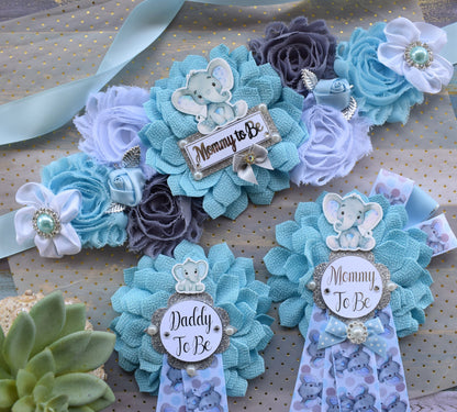 Boy Blue Elephant Baby Shower, Blue Grey Elephant Corsage Pin Set, Blue Grey Corsage Pin, Elephant Mommy To Be Pin, Daddy To Be Pin, Custom - Celebrations By Cris