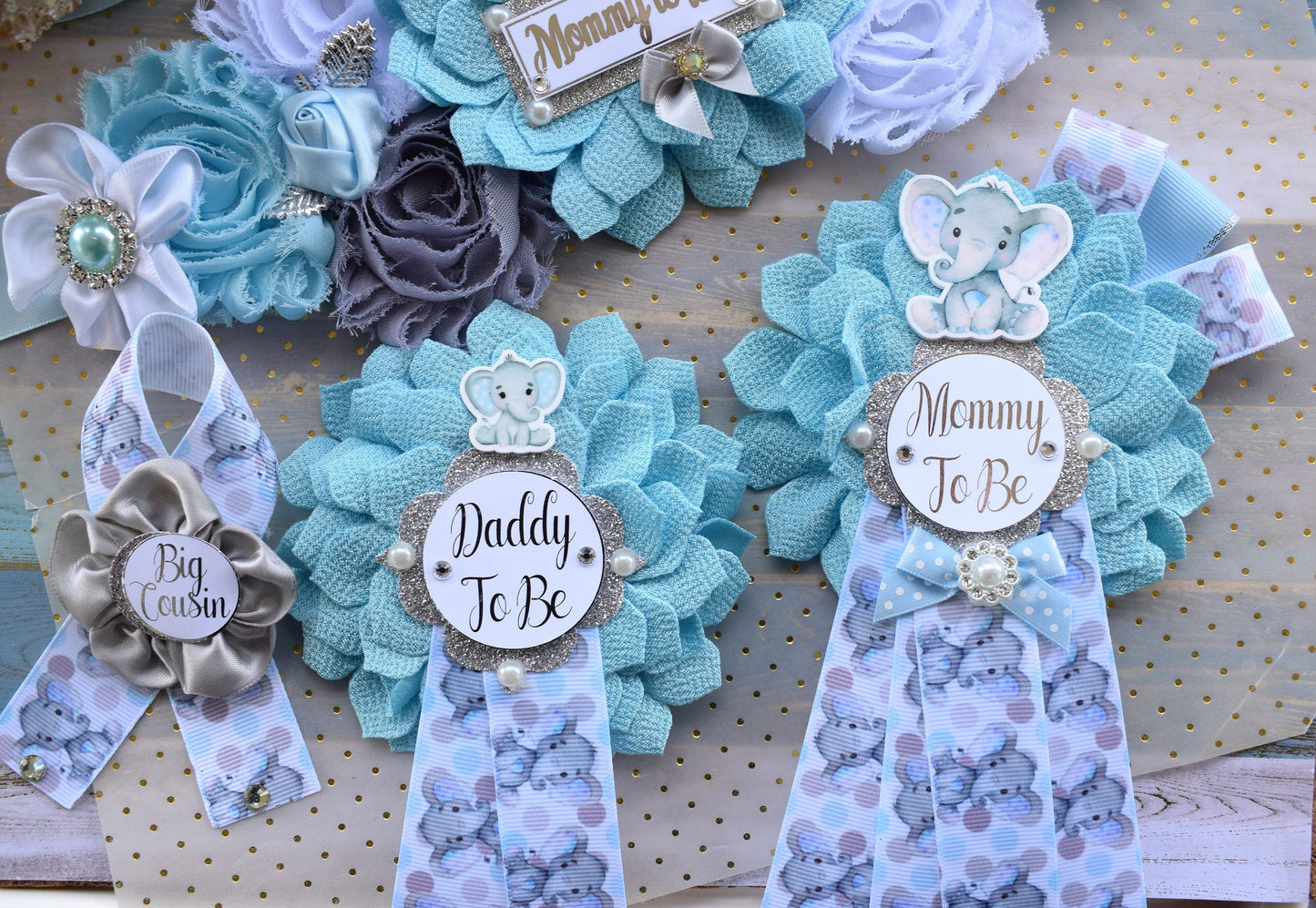 Boy Blue Elephant Baby Shower, Blue Grey Elephant Corsage Pin Set, Blue Grey Corsage Pin, Elephant Mommy To Be Pin, Daddy To Be Pin, Custom - Celebrations By Cris