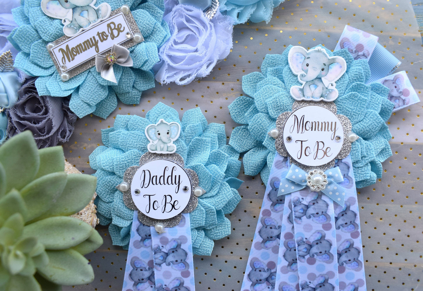 Boy Blue Elephant Baby Shower, Blue Grey Elephant Corsage Pin Set, Blue Grey Corsage Pin, Elephant Mommy To Be Pin, Daddy To Be Pin, Custom - Celebrations By Cris