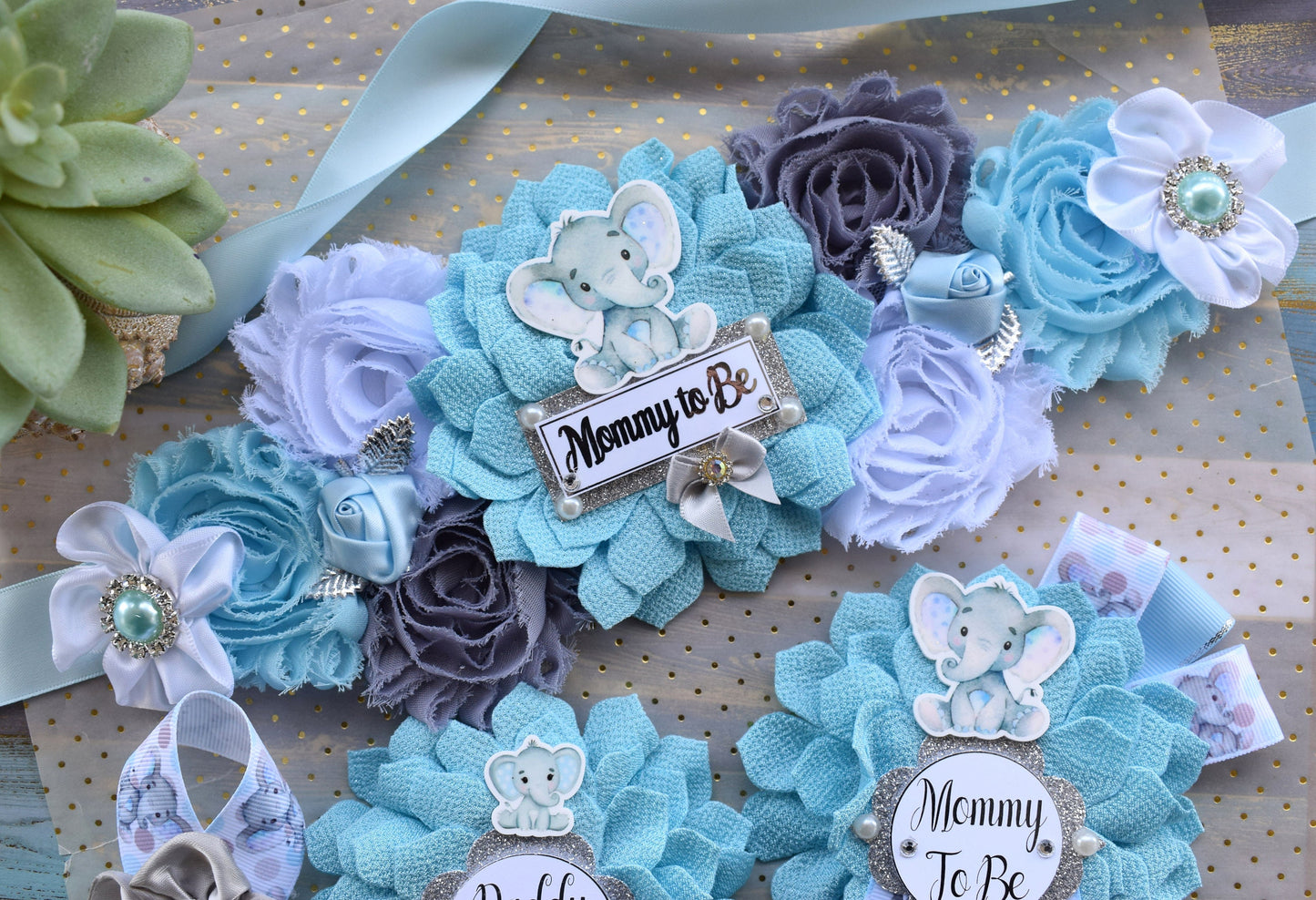 Boy Blue Elephant Baby Shower, Blue Grey Elephant Corsage Pin Set, Blue Grey Corsage Pin, Elephant Mommy To Be Pin, Daddy To Be Pin, Custom - Celebrations By Cris