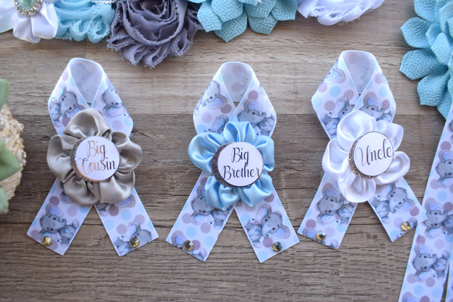 Boy Blue Elephant Baby Shower, Blue Grey Elephant Corsage Pin Set, Blue Grey Corsage Pin, Elephant Mommy To Be Pin, Daddy To Be Pin, Custom - Celebrations By Cris