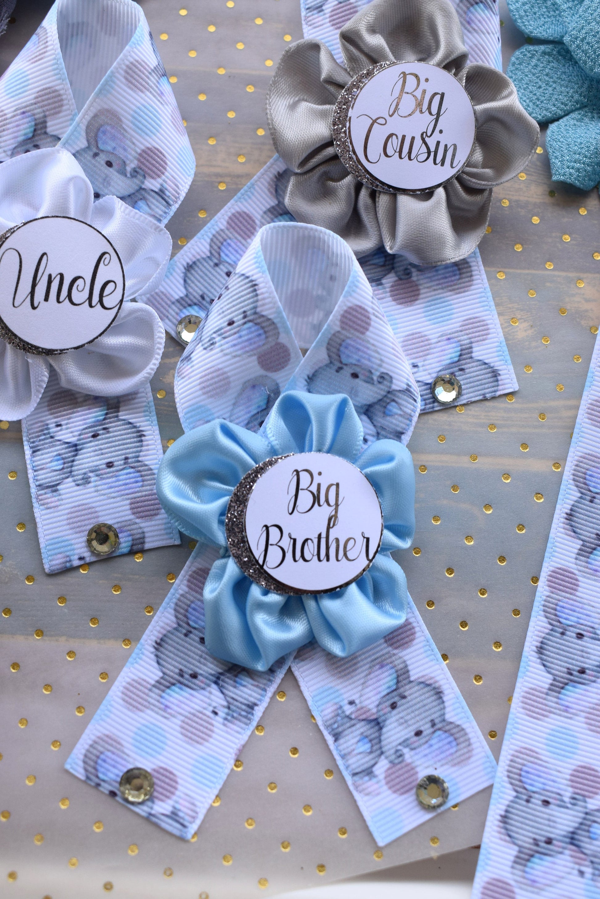 Boy Blue Elephant Baby Shower, Blue Grey Elephant Corsage Pin Set, Blue Grey Corsage Pin, Elephant Mommy To Be Pin, Daddy To Be Pin, Custom - Celebrations By Cris