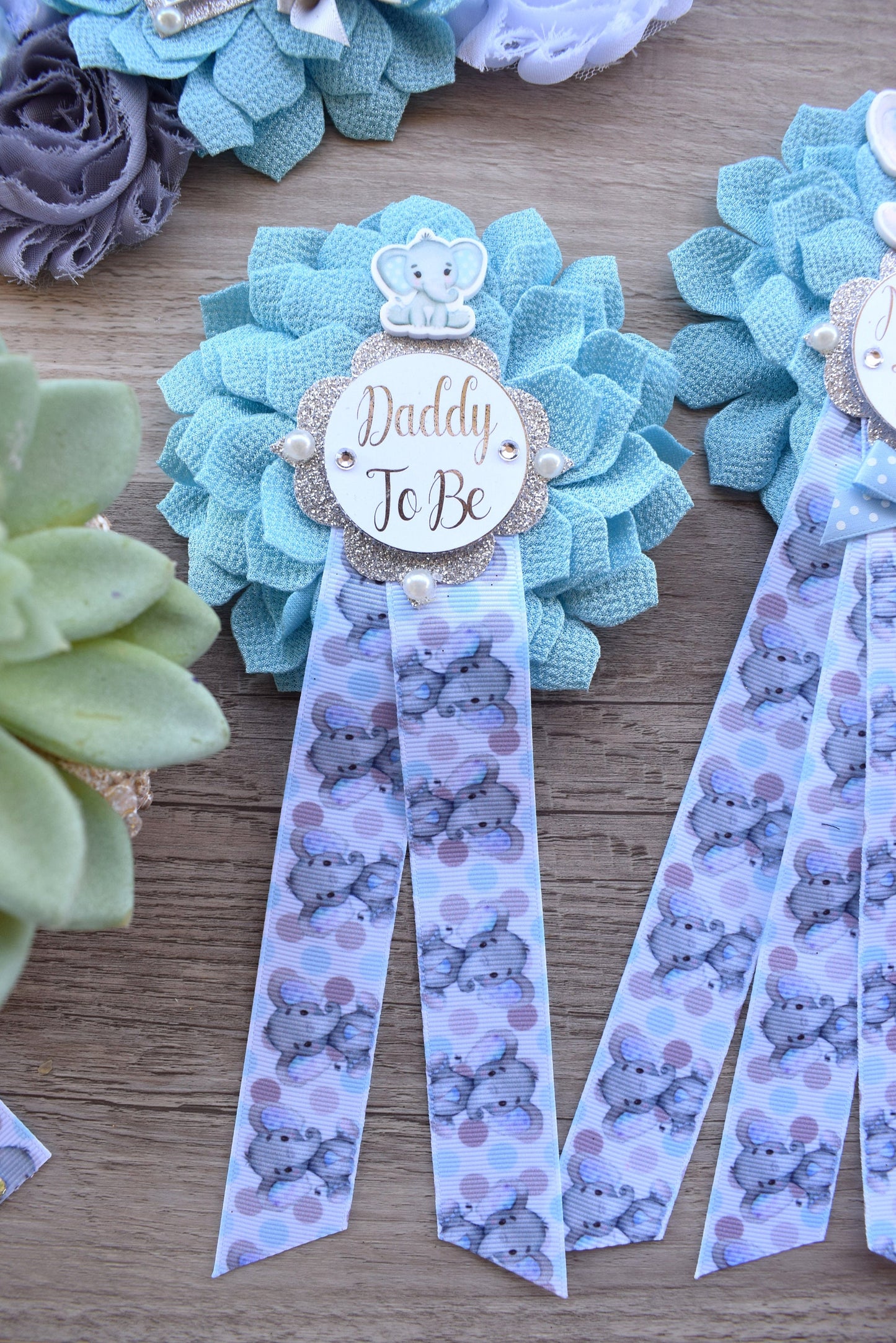 Boy Blue Elephant Baby Shower, Blue Grey Elephant Corsage Pin Set, Blue Grey Corsage Pin, Elephant Mommy To Be Pin, Daddy To Be Pin, Custom - Celebrations By Cris