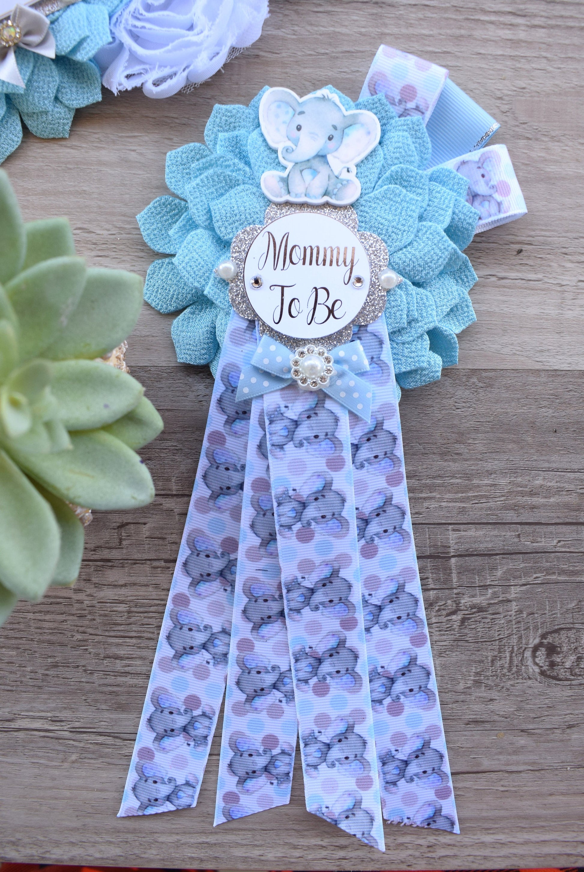 Boy Blue Elephant Baby Shower, Blue Grey Elephant Corsage Pin Set, Blue Grey Corsage Pin, Elephant Mommy To Be Pin, Daddy To Be Pin, Custom - Celebrations By Cris