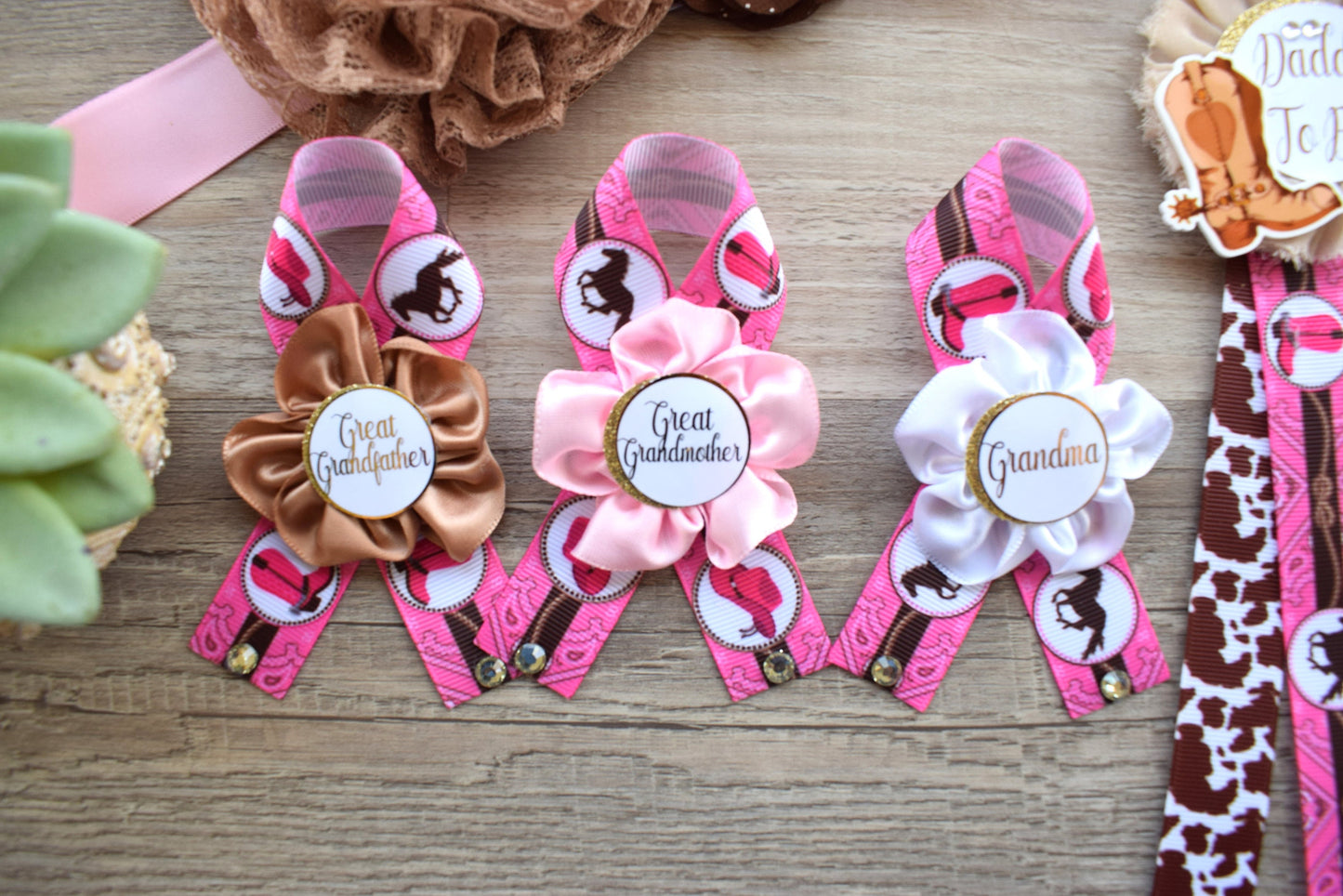 Pink Cowgirl Baby Shower, Pink Cowgirl Maternity Sash, Cowgirl Mommy and Daddy To Be Pin, Pink Brown Flower Sash, Girl Boot Hat Corsage Pin - Celebrations By Cris