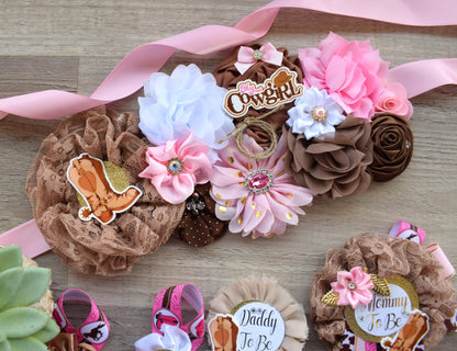 Pink Cowgirl Baby Shower, Pink Cowgirl Maternity Sash, Cowgirl Mommy and Daddy To Be Pin, Pink Brown Flower Sash, Girl Boot Hat Corsage Pin - Celebrations By Cris