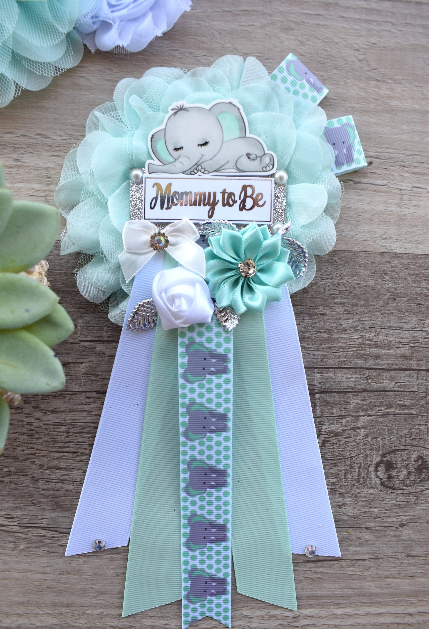 Aqua Elephant Baby Shower, Baby Aqua White Grey Elephant Sash and Pin, Elephant Mommy To Be Corsage Pin, Elephant Daddy Pin, Boy Elephant - Celebrations By Cris