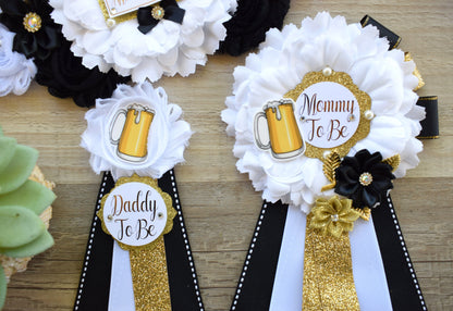 A Baby Is Brewing Baby Shower, Black White Gold Maternity Sash, Beer Mommy To Be Ribbon Pin, Brewing Daddy To Be Pin, Gender Reveal Shower