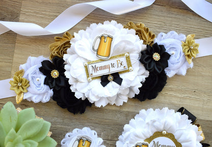 A Baby Is Brewing Baby Shower, Black White Gold Maternity Sash, Beer Mommy To Be Ribbon Pin, Brewing Daddy To Be Pin, Gender Reveal Shower