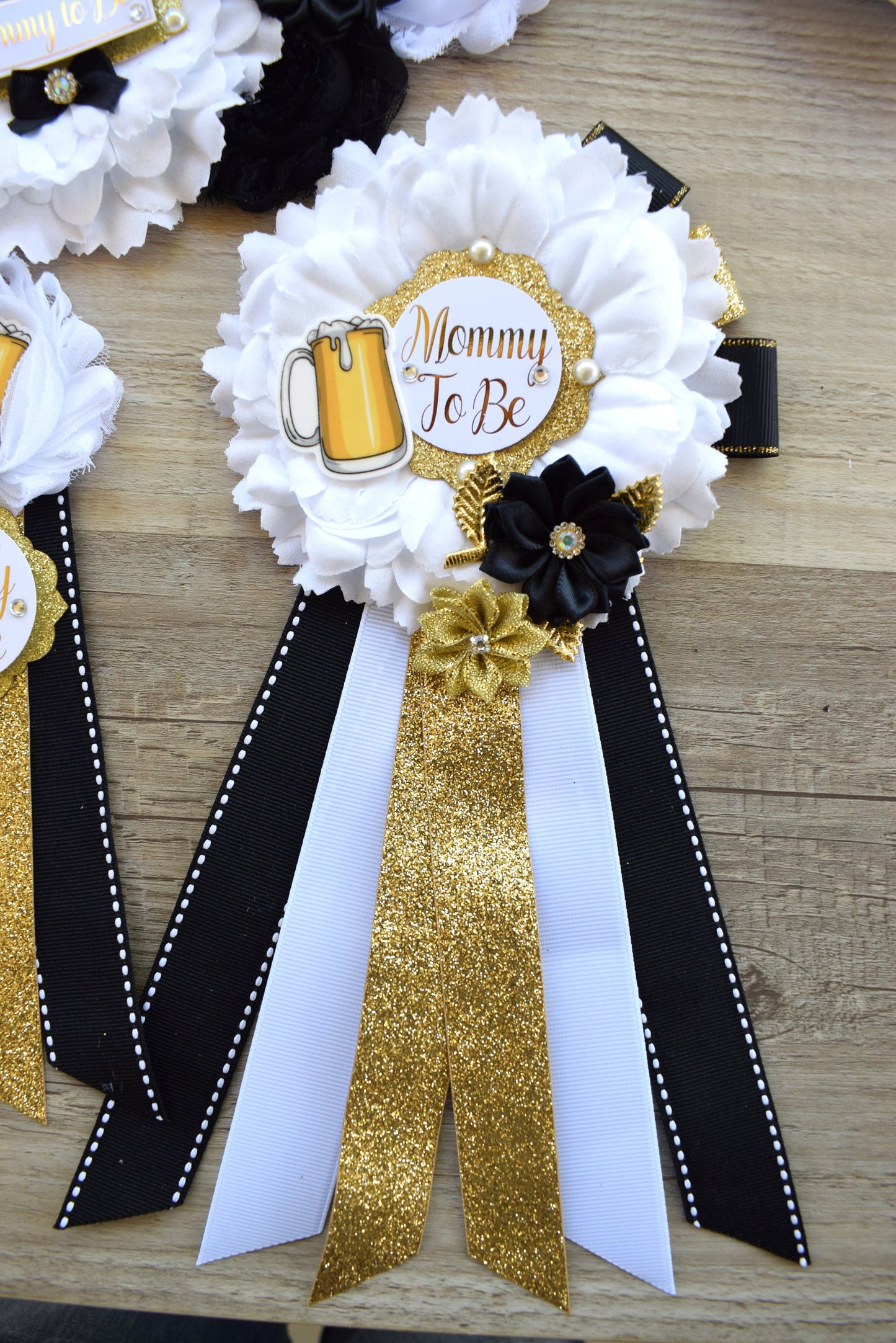 A Baby Is Brewing Baby Shower, Black White Gold Maternity Sash, Beer Mommy To Be Ribbon Pin, Brewing Daddy To Be Pin, Gender Reveal Shower