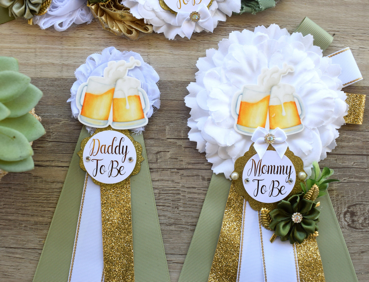 A Baby Is Brewing Baby Shower, Greenery White Gold Maternity Sash, Beer Mommy To Be Ribbon, Brewing Daddy To Be Pin, Gender Reveal Shower - Celebrations By Cris