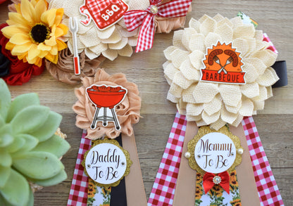 Baby Q Baby Shower Sash, Sunflower BBQ Maternity Sash, BBQ Baby Shower, Mommy To Be Ribbon, Daddy To Be Ribbon Pin, Summer Baby Shower - Celebrations By Cris