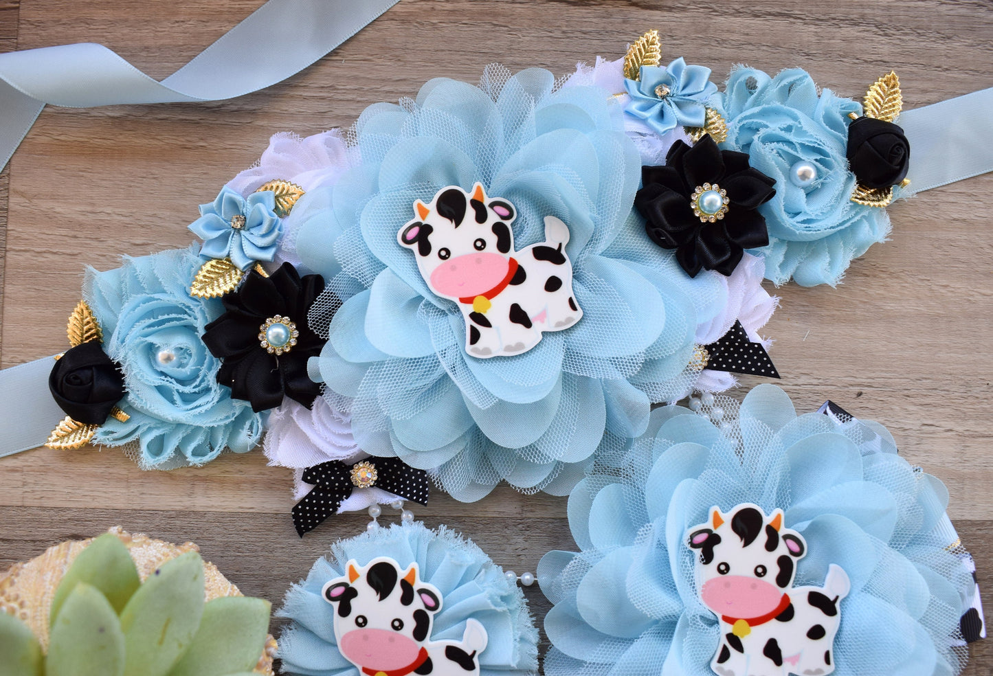 Blue Cow Baby Shower, Boy Cow Maternity Sash, Farm Boy Cow Mommy To Be Ribbon, Daddy To Be Ribbon, Baby Shower Gift, Custom - Celebrations By Cris