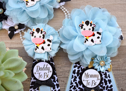 Blue Cow Baby Shower, Boy Cow Maternity Sash, Farm Boy Cow Mommy To Be Ribbon, Daddy To Be Ribbon, Baby Shower Gift, Custom - Celebrations By Cris