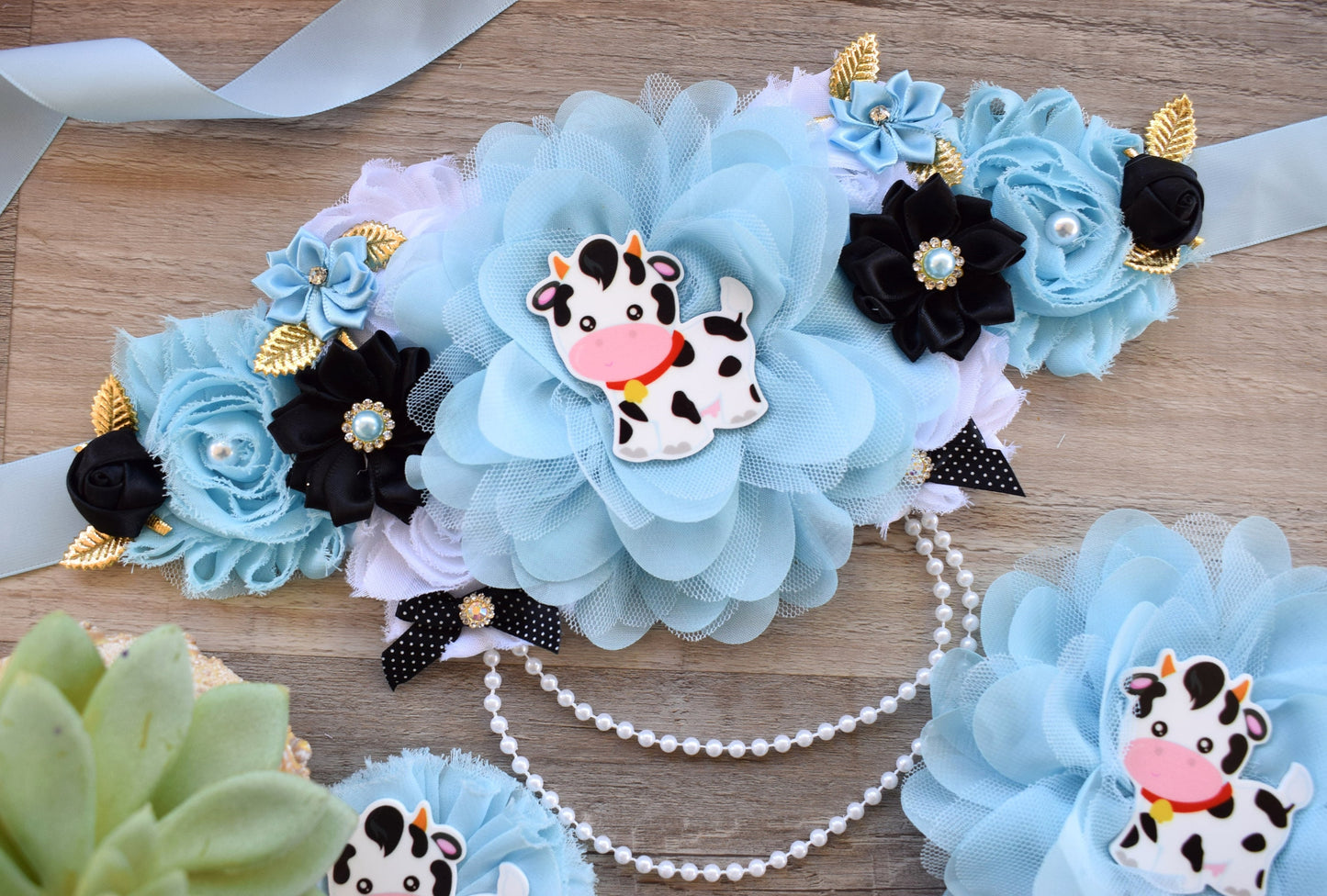 Blue Cow Baby Shower, Boy Cow Maternity Sash, Farm Boy Cow Mommy To Be Ribbon, Daddy To Be Ribbon, Baby Shower Gift, Custom - Celebrations By Cris