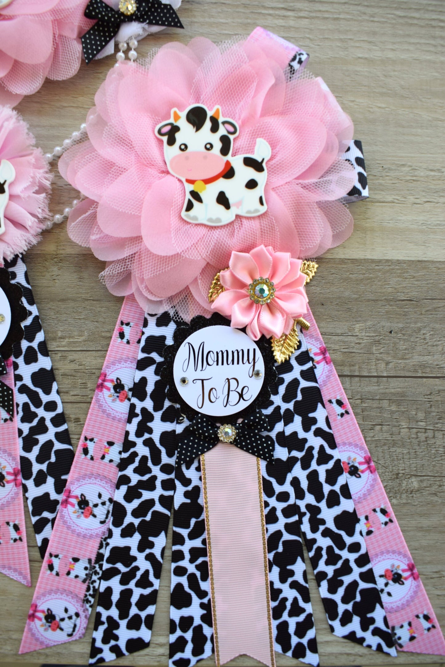 Pink Cow Baby Shower, Girl Cow Maternity Sash, Farm Cow Mommy To Be Ribbon, Daddy To Be Ribbon Pin, Pink Black White, Baby Shower Gift - Celebrations By Cris