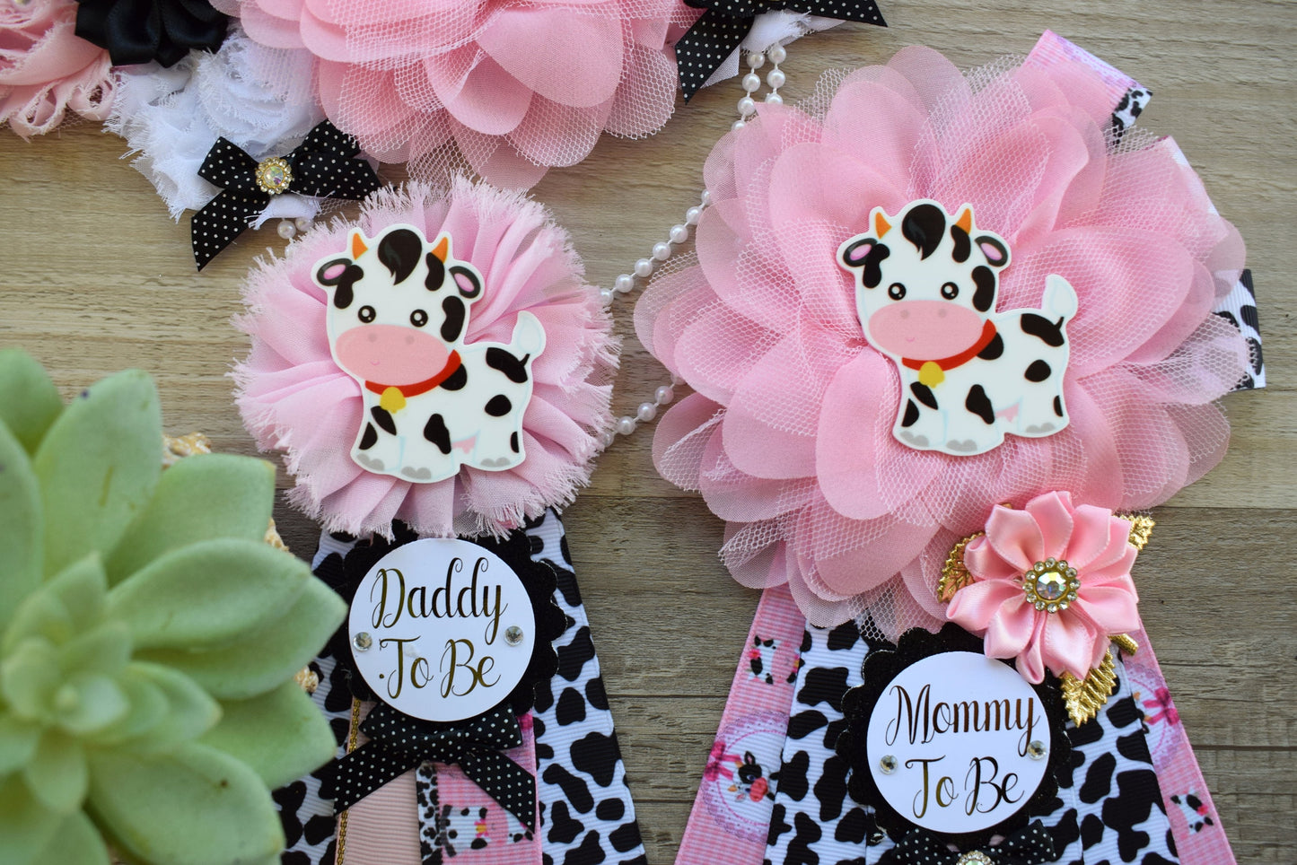 Pink Cow Baby Shower, Girl Cow Maternity Sash, Farm Cow Mommy To Be Ribbon, Daddy To Be Ribbon Pin, Pink Black White, Baby Shower Gift - Celebrations By Cris