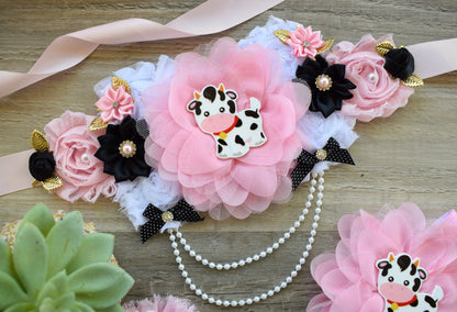 Pink Cow Baby Shower, Girl Cow Maternity Sash, Farm Cow Mommy To Be Ribbon, Daddy To Be Ribbon Pin, Pink Black White, Baby Shower Gift - Celebrations By Cris