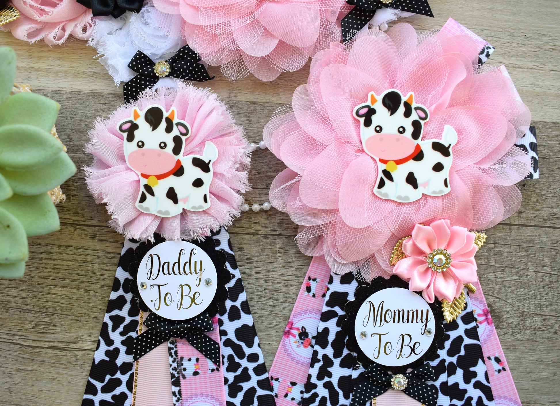 Pink Cow Baby Shower, Girl Cow Maternity Sash, Farm Cow Mommy To Be Ribbon, Daddy To Be Ribbon Pin, Pink Black White, Baby Shower Gift - Celebrations By Cris