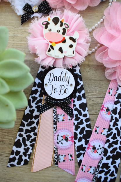 Pink Cow Baby Shower, Girl Cow Maternity Sash, Farm Cow Mommy To Be Ribbon, Daddy To Be Ribbon Pin, Pink Black White, Baby Shower Gift - Celebrations By Cris