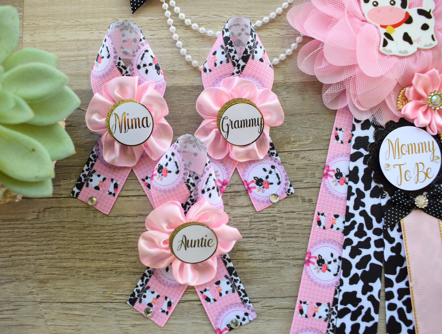 Pink Cow Baby Shower, Girl Cow Maternity Sash, Farm Cow Mommy To Be Ribbon, Daddy To Be Ribbon Pin, Pink Black White, Baby Shower Gift - Celebrations By Cris