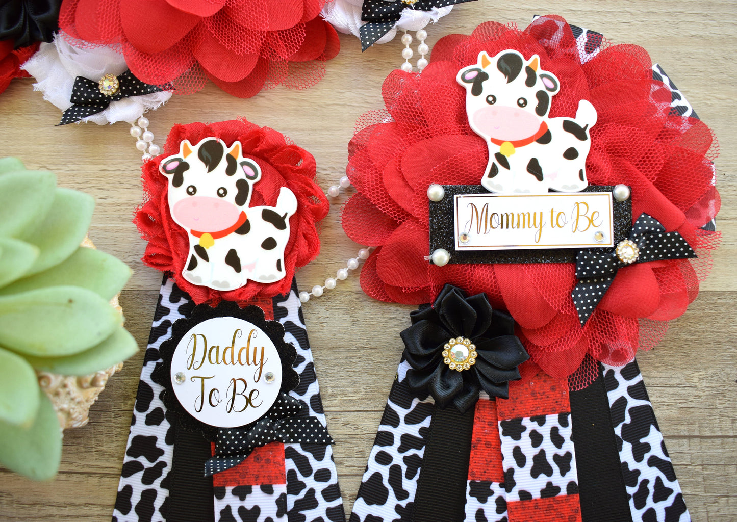 Red Cow Baby Shower, Cow Maternity Sash, Farm Cow Mommy To Be Ribbon, Daddy To Be Ribbon Pin, Red Black White, Baby Shower Gift - Celebrations By Cris