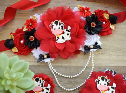 Red Cow Baby Shower, Cow Maternity Sash, Farm Cow Mommy To Be Ribbon, Daddy To Be Ribbon Pin, Red Black White, Baby Shower Gift - Celebrations By Cris