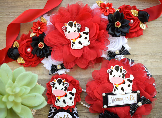 Red Cow Baby Shower, Cow Maternity Sash, Farm Cow Mommy To Be Ribbon, Daddy To Be Ribbon Pin, Red Black White, Baby Shower Gift - Celebrations By Cris