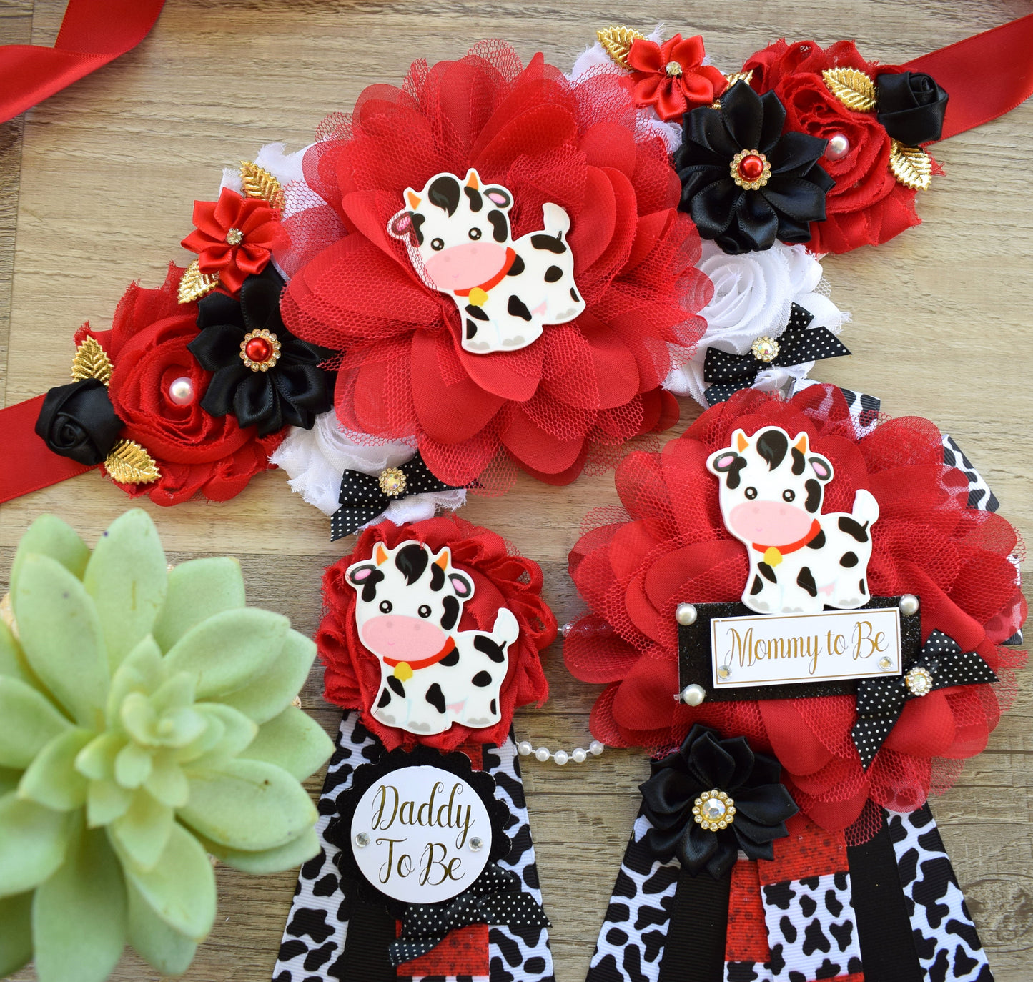 Red Cow Baby Shower, Cow Maternity Sash, Farm Cow Mommy To Be Ribbon, Daddy To Be Ribbon Pin, Red Black White, Baby Shower Gift - Celebrations By Cris