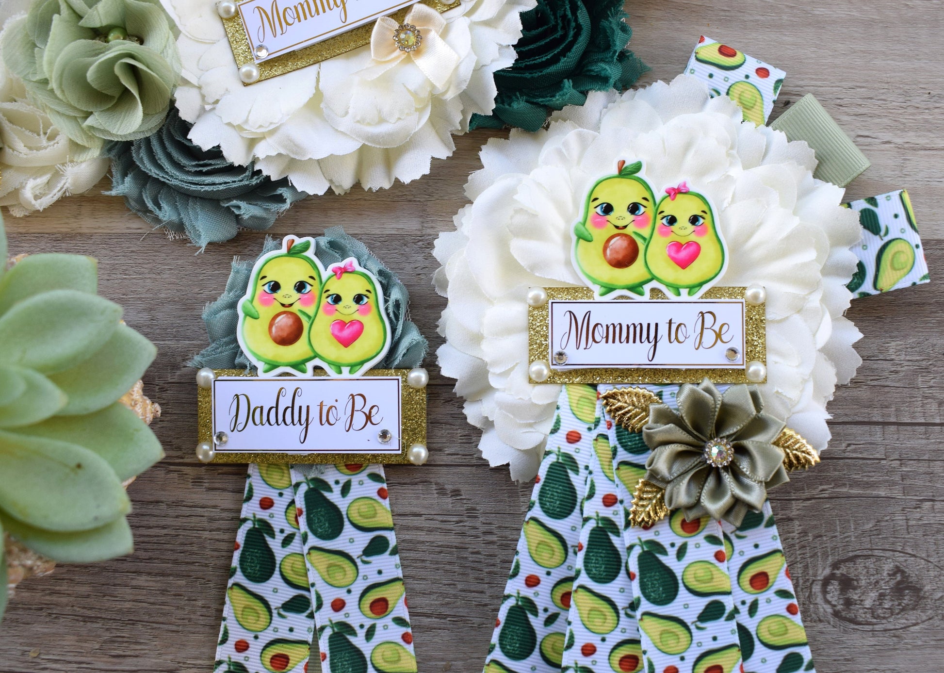 Holy Guacamole Avocado Baby Shower, Green Ivory Gold Maternity Sash, Avocado Baby Shower, Avocado Mommy To Be Ribbon Pin, Daddy To Be Pin - Celebrations By Cris