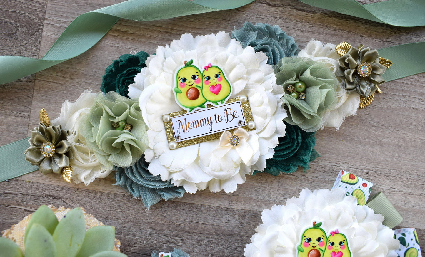 Holy Guacamole Avocado Baby Shower, Green Ivory Gold Maternity Sash, Avocado Baby Shower, Avocado Mommy To Be Ribbon Pin, Daddy To Be Pin - Celebrations By Cris