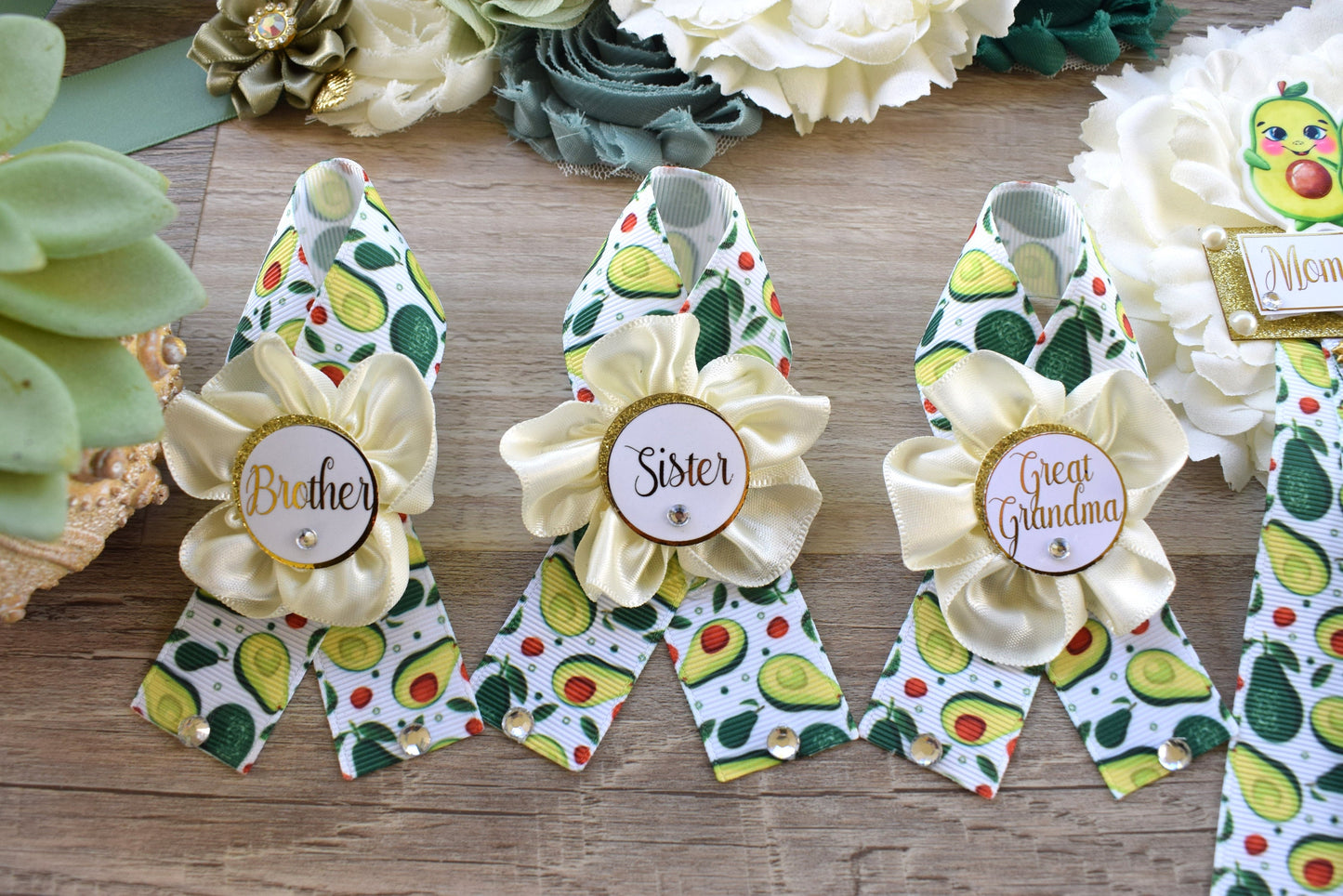 Holy Guacamole Avocado Baby Shower, Green Ivory Gold Maternity Sash, Avocado Baby Shower, Avocado Mommy To Be Ribbon Pin, Daddy To Be Pin - Celebrations By Cris